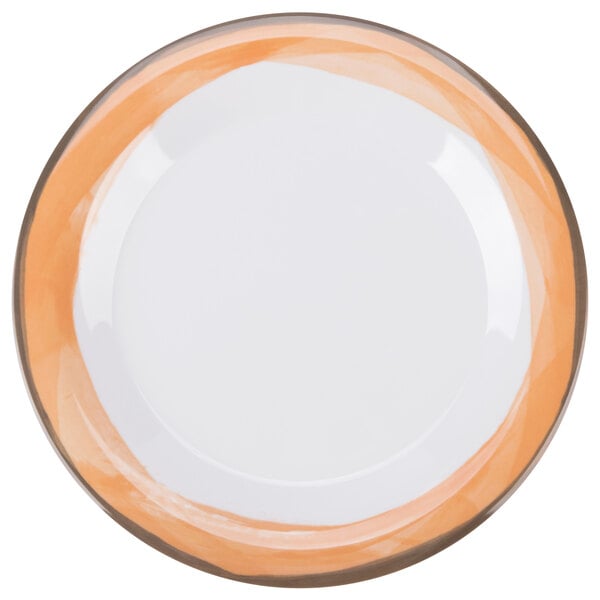 A close up of a GET Kanello white melamine plate with a white rim and an orange border.