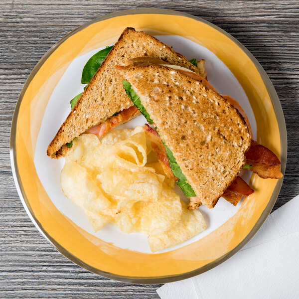 A Kanello Diamond White melamine plate with a sandwich, chips, and salad on a wood table.