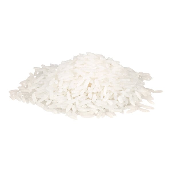 A small pile of uncooked white rice grains on a white background.