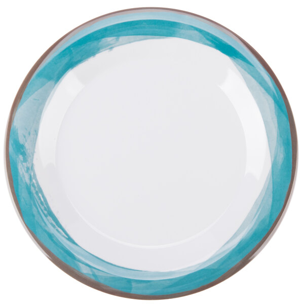 A close-up of a GET Kanello white melamine plate with a blue edge.