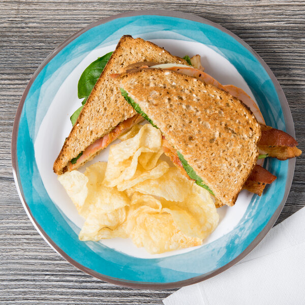 A Kanello white melamine plate with a blue rim holding sandwiches and chips.