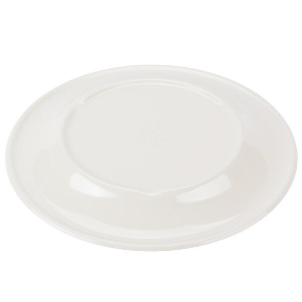 A white round melamine plate with a wide rim and a round yellow edge.