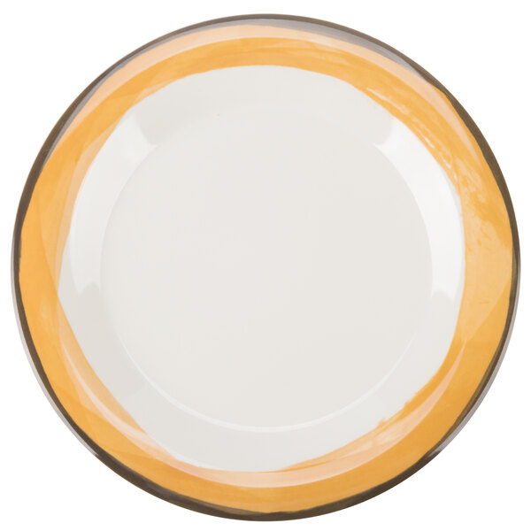 A white melamine plate with a wide ivory rim and a yellow edge.