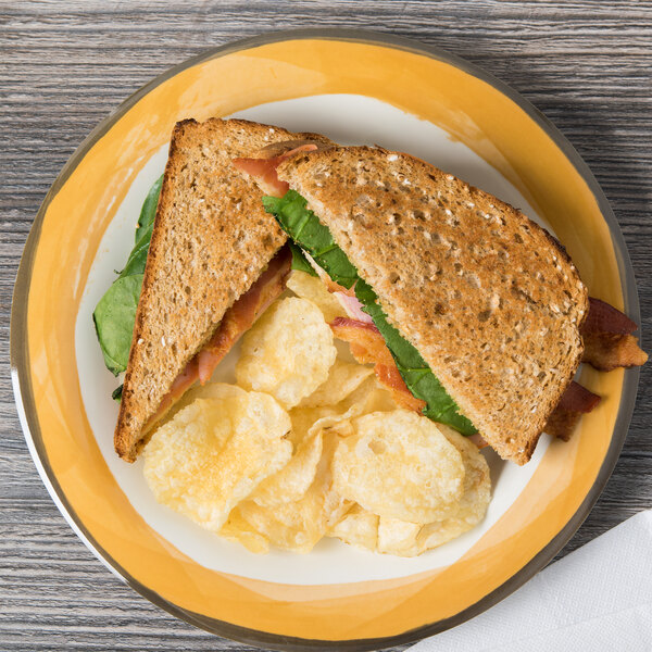 A Kanello ivory melamine plate with a sandwich and potato chips.
