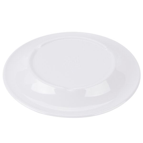 A white Kanello melamine plate with a wide rim and a yellow edge.