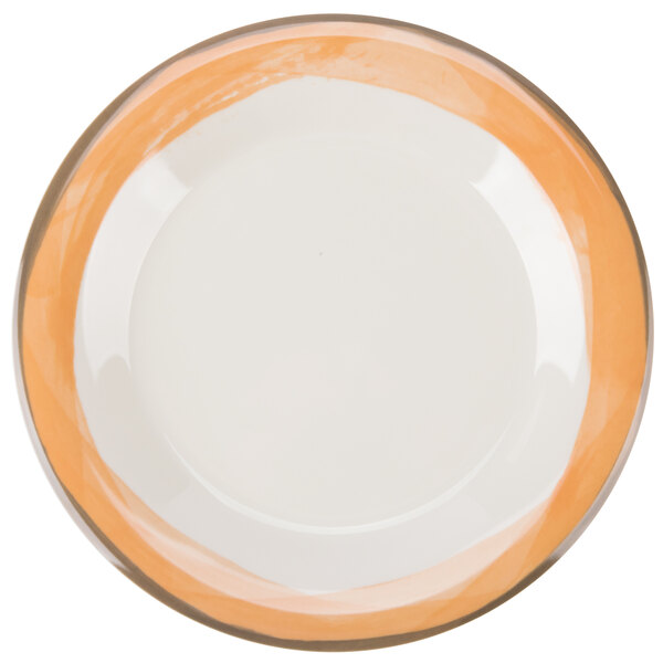 A white melamine plate with a wide rim and an orange edge.