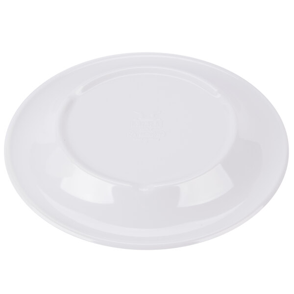 A white Kanello melamine plate with a wide rim and Kanello orange edge.