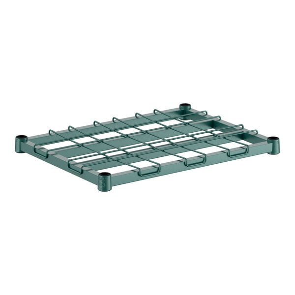 A green metal dunnage shelf with a wire grid on metal rods.