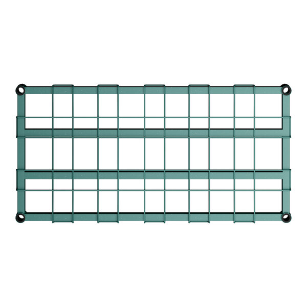 A close-up of a Regency green epoxy dunnage shelf with wire mat.