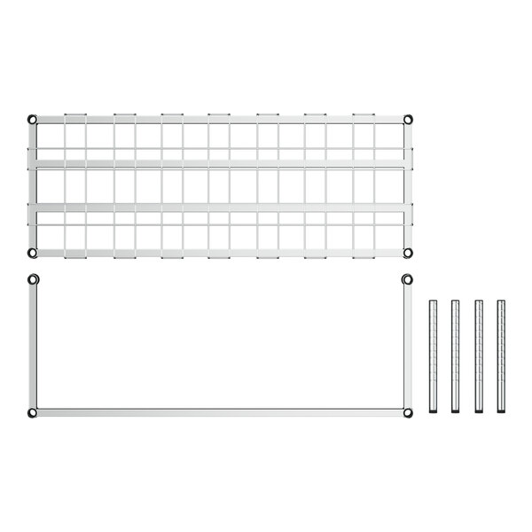 A white metal shelf with black metal bars.