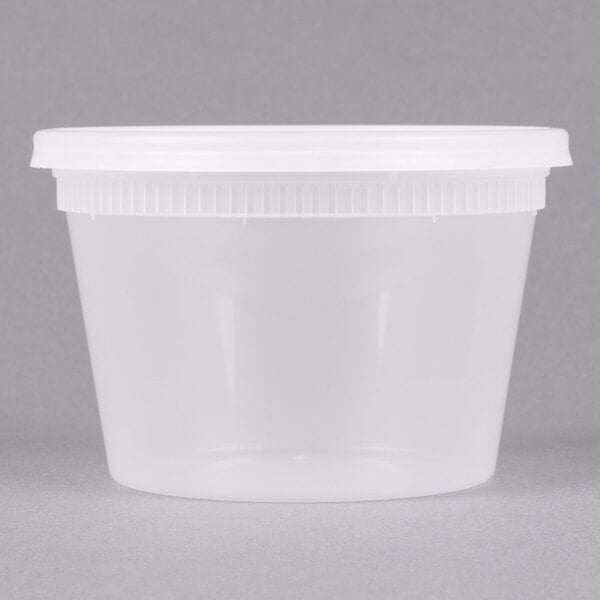 A Pactiv translucent plastic deli container with a lid.