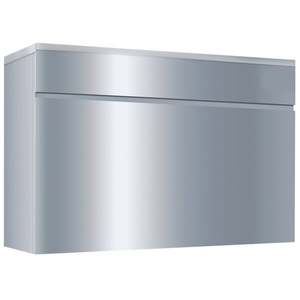 A stainless steel rectangular box with a silver drawer.
