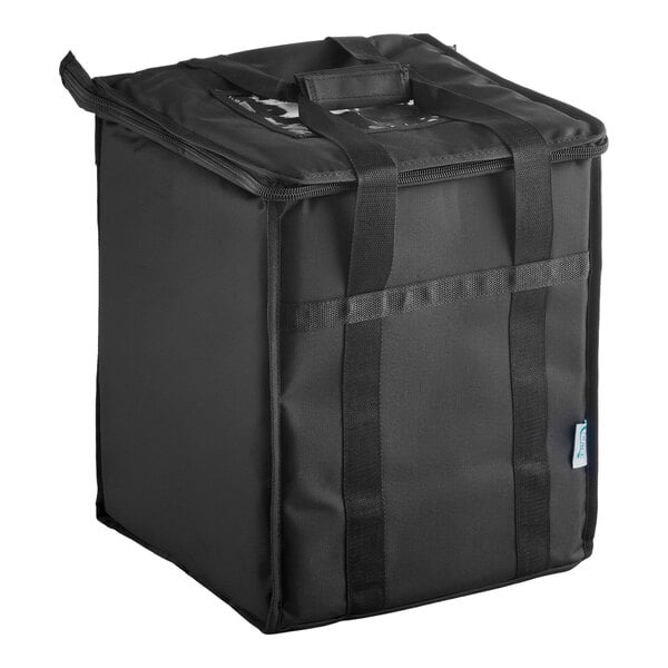 A black, rectangular insulated bag with a zipper top and carrying handles.