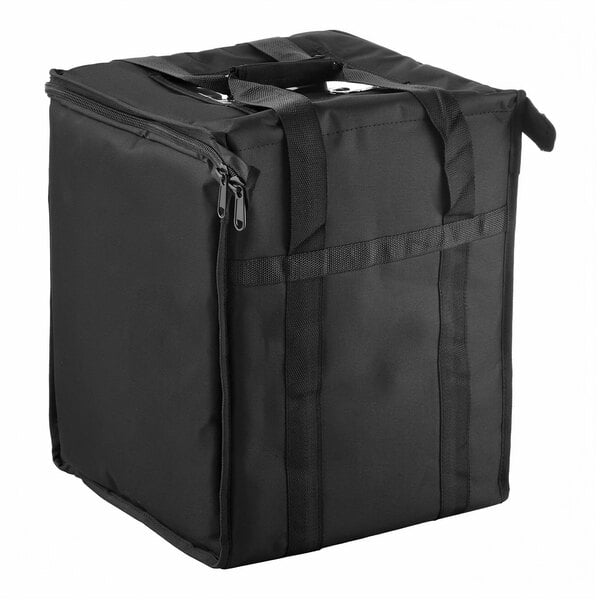 A black, rectangular insulated bag with dual zipper closures and carrying handles on top and sides.