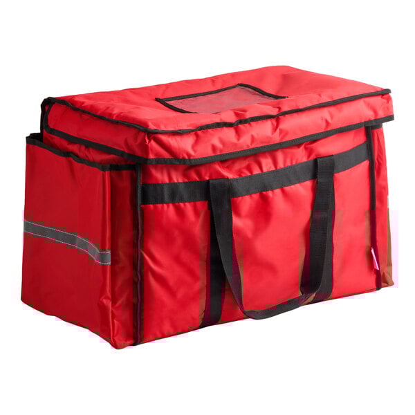 A red heavy-duty insulated soft-sided food delivery bag with black handles and trim, designed to hold six 2 1/2-inch deep full size food pans.