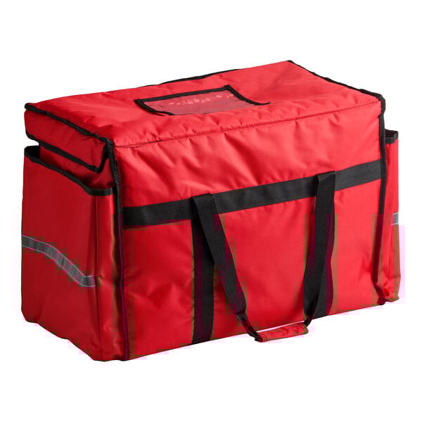 A red nylon heavy-duty insulated soft-sided food delivery bag with black handles and side pockets, designed to hold six 2 1/2-inch deep full size food pans.