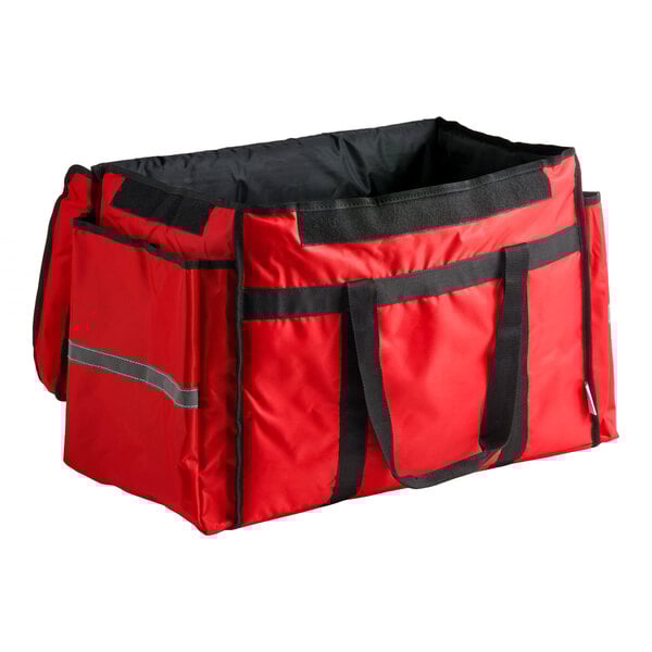 A red heavy-duty insulated soft-sided food delivery bag with black handles and side pockets, designed to hold six 2 1/2-inch deep full size food pans.