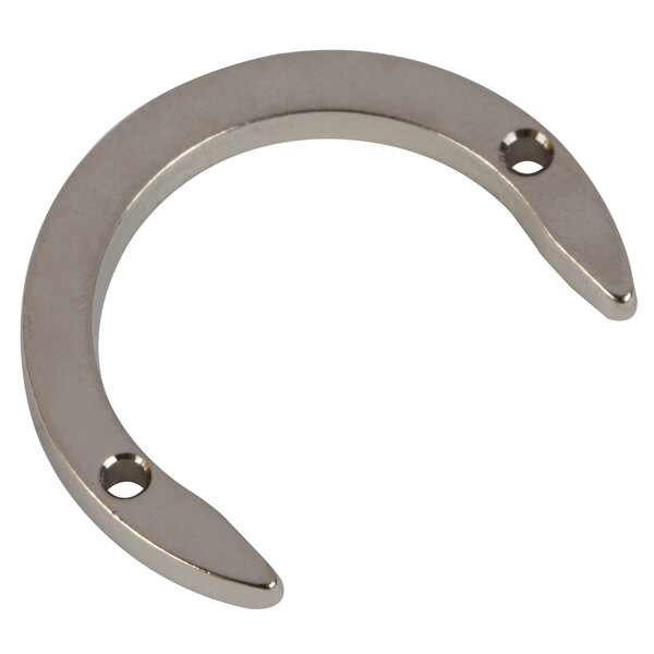 A silver metal Curtis C-ring with holes.