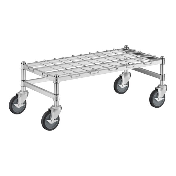 A Regency heavy-duty chrome dunnage rack with black wheels.
