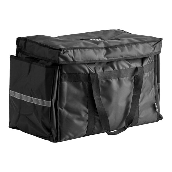 A black heavy-duty insulated soft-sided food delivery bag with handles and side pockets, designed to hold six 2 1/2-inch deep full size food pans.