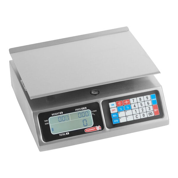 A grey Tor Rey digital price computing scale with a digital display.