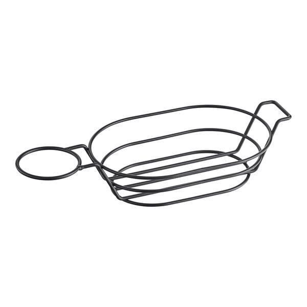 A Clipper Mill black wire oval basket with a round handle and ramekin holder.