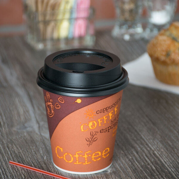 Choice 10 oz. Coffee Print Poly Paper Hot Cup and Lid - 100/Pack