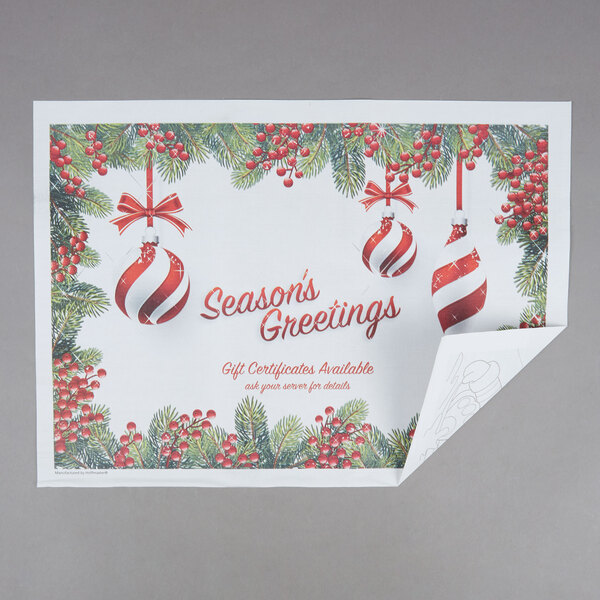Hoffmaster 311143 10" x 14" Holiday Ornaments Gift Certificate Placemat