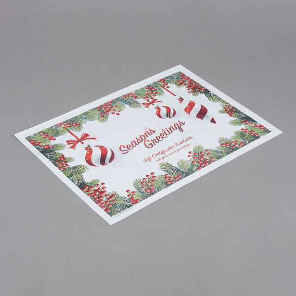 Hoffmaster 311143 10" x 14" Holiday Ornaments Gift Certificate Placemat