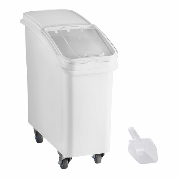 A white plastic bin with a clear lid and a scoop inside.