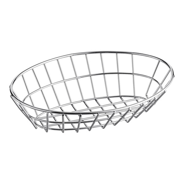 A Clipper Mill chrome metal oval grid basket with a handle.