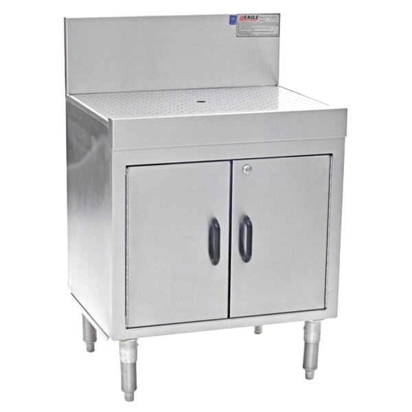 A stainless steel Eagle Group workboard with a cabinet underneath.