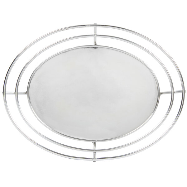 A silver oval Clipper Mill stainless steel basket with a raised solid bottom.