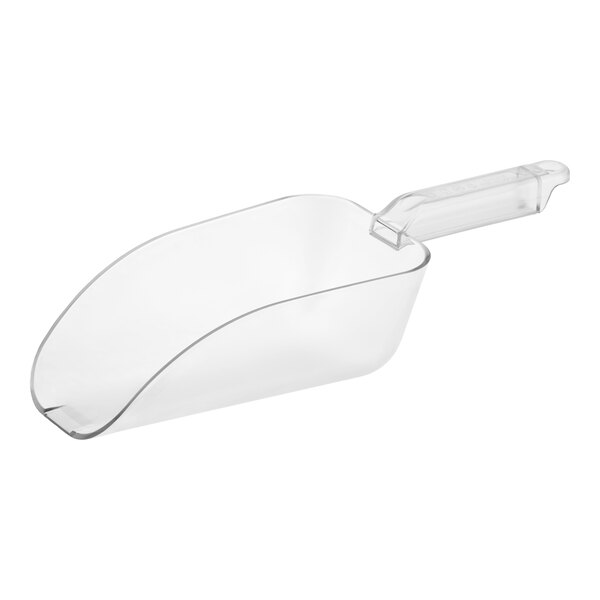 A clear plastic scoop with a deep bowl and a handle.