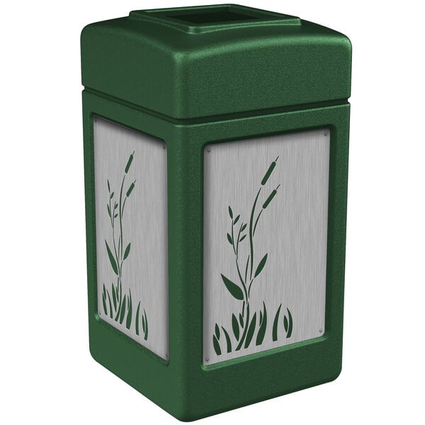 A green rectangular Commercial Zone trash receptacle with stainless steel cattail designs on it.