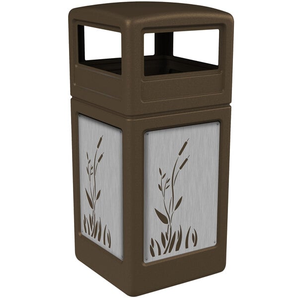 A brown Commercial Zone trash receptacle with stainless steel cattail panels.