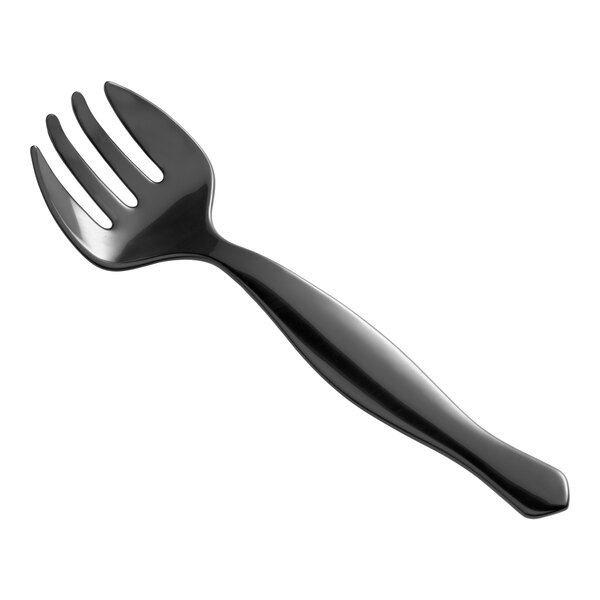 A black disposable plastic serving fork.