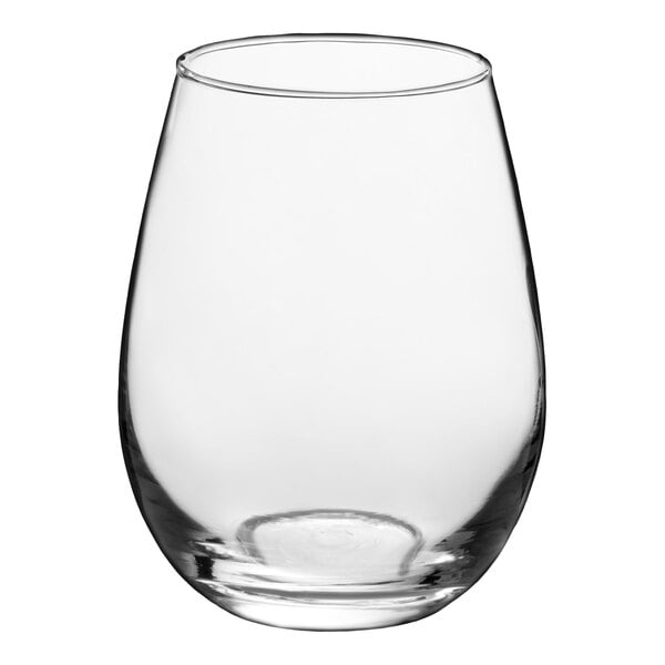 A clear, stemless wine glass with a 12 oz. capacity.