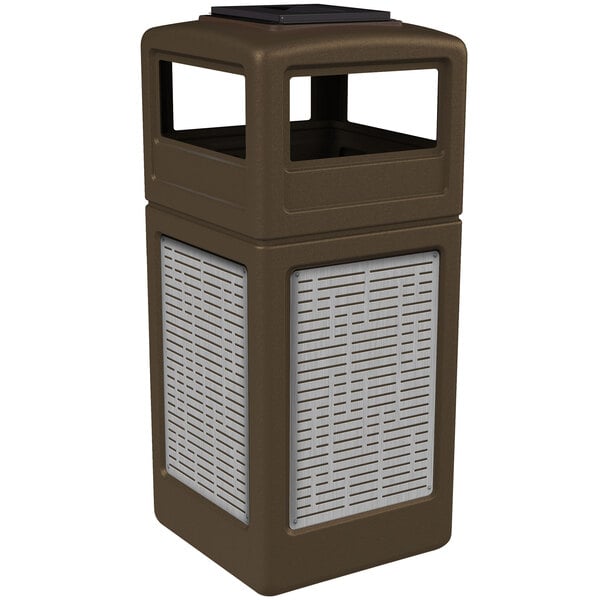 A brown square Commercial Zone trash receptacle with horizontal stainless steel panels and an ashtray lid.