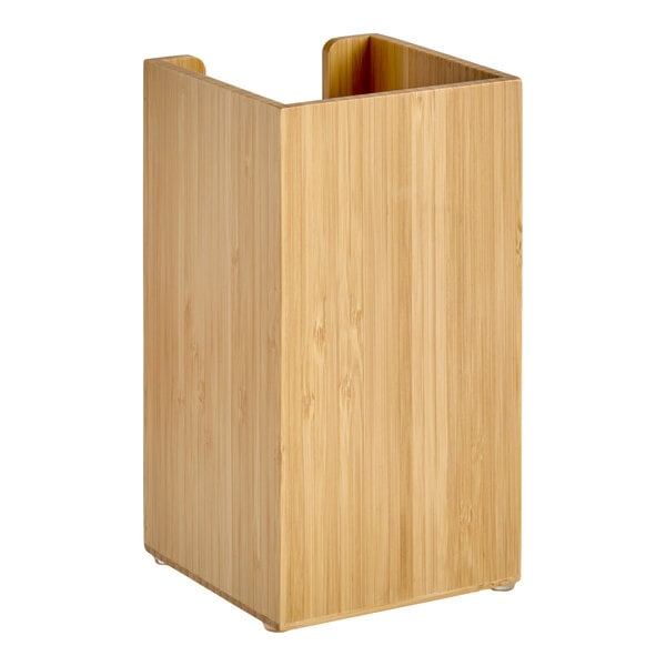 A bamboo single countertop cup and lid organizer.