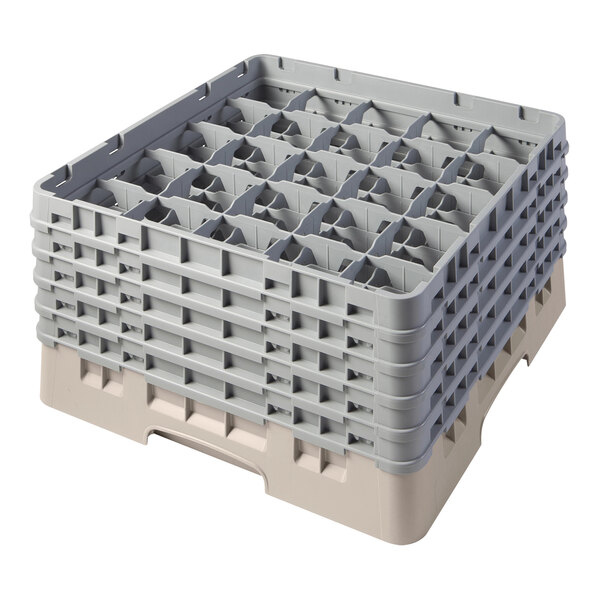 A beige and gray glass rack with 25 compartments and five extenders for holding and washing glassware.