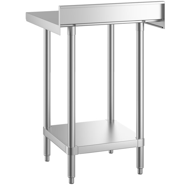 A silver metal table with a shelf.
