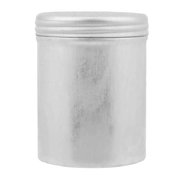 A silver aluminum Vollrath shaker with a lid.