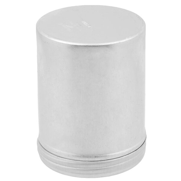 A silver cylinder with a round cap on a white background.