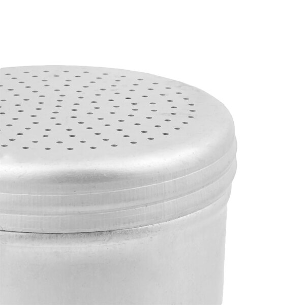 A silver aluminum shaker with holes in it.