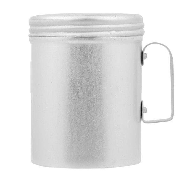 A silver metal shaker with a handle.