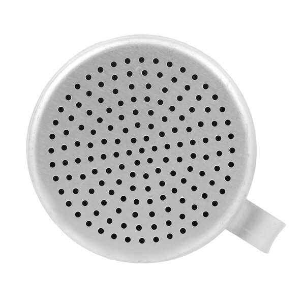 A white Vollrath aluminum shaker with a handle and holes on it.