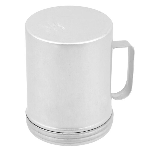 A Vollrath aluminum shaker with a handle on a white background.