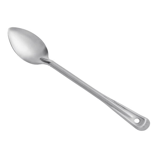 A Vollrath solid stainless steel basting spoon with a handle on a white background.