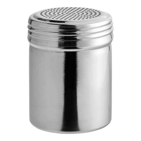 A stainless steel container with a perforated screw-on lid, likely used for shaking or sprinkling powders.
